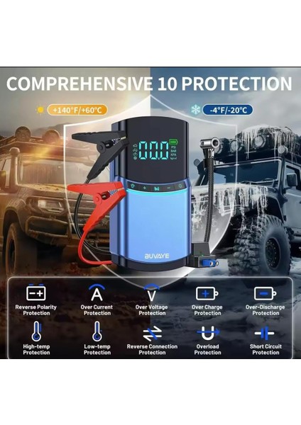 Akü Takviye Cihazı Marş Moturu Start 8000MAH 14.8V, 150PSİ Lastik Şişirme Pompası, Powerbank