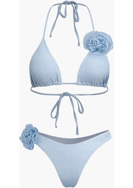 Mavi Gül Detaylı Bikini Takımı