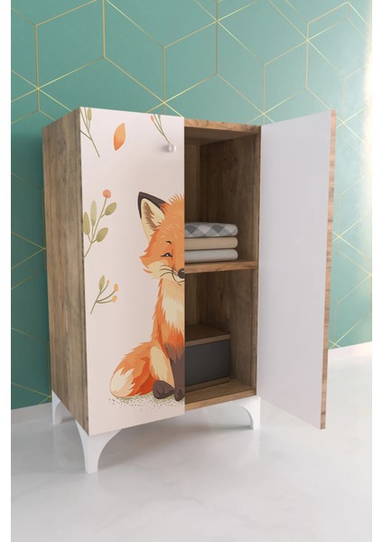 Foxie 3 Raflı Çocuk Odası Dolabı Çok Amaçlı Baskılı Oyuncak Dolabı