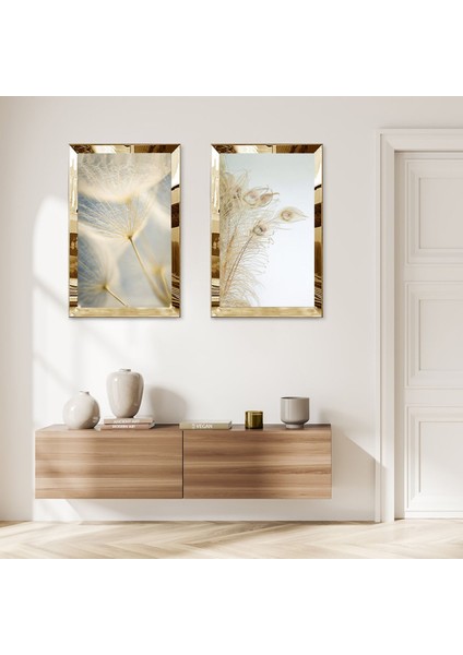 Gold Aynalı Pleksi Çerçeveli Gri Arka Planlı Kurutulmuş Çiçek Dekoratif Ikili Mdf Tablo Seti
