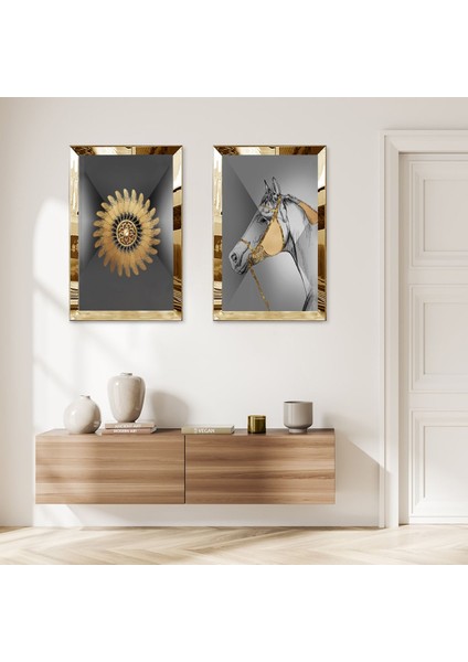 Gold Aynalı Pleksi Çerçeveli Gri Arka Planlı Gold Desenli Modern At Ikili Mdf Tablo Seti