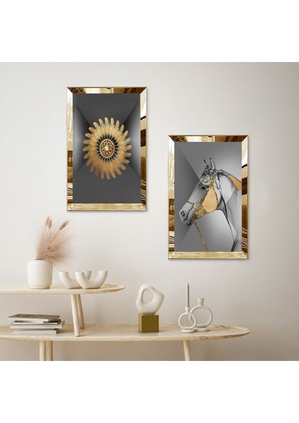 Gold Aynalı Pleksi Çerçeveli Gri Arka Planlı Gold Desenli Modern At Ikili Mdf Tablo Seti fiyatları