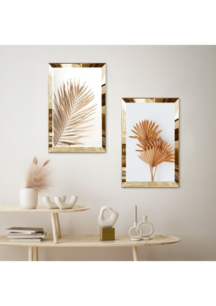 Gold Aynalı Pleksi Çerçeveli Modern Turuncu Çiçekler Ikili Mdf Tablo Seti fiyatları
