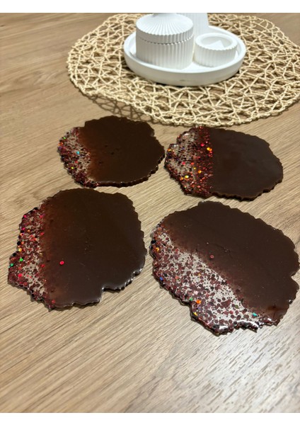 Epoksi Reçine Bardak Altlığı - 4'lü Takım - Kahverengi Glitterli - Çap: 12 cm
