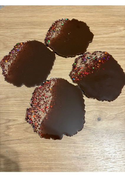 Epoksi Reçine Bardak Altlığı - 4'lü Takım - Kahverengi Glitterli - Çap: 12 cm fiyatları