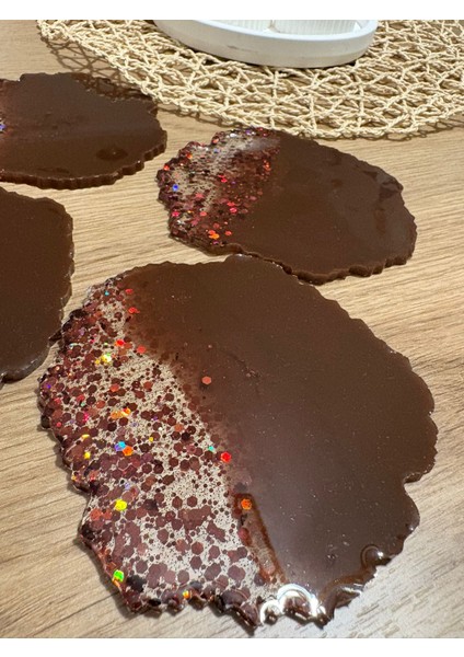 Epoksi Reçine Bardak Altlığı - 4'lü Takım - Kahverengi Glitterli - Çap: 12 cm modelleri