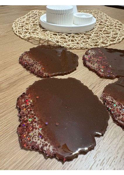 Epoksi Reçine Bardak Altlığı - 4'lü Takım - Kahverengi Glitterli - Çap: 12 cm fırsatları