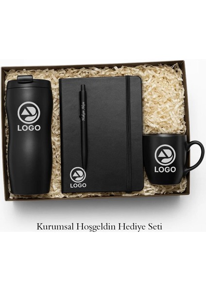 Kişiye Özel Logolu Siyah Termos, Kupa, Defter, Tükenmez Kalem Kurumsal Hediye Seti-1 | Kurumsal Welcome Kit, Yeni Iş Hediyesi
