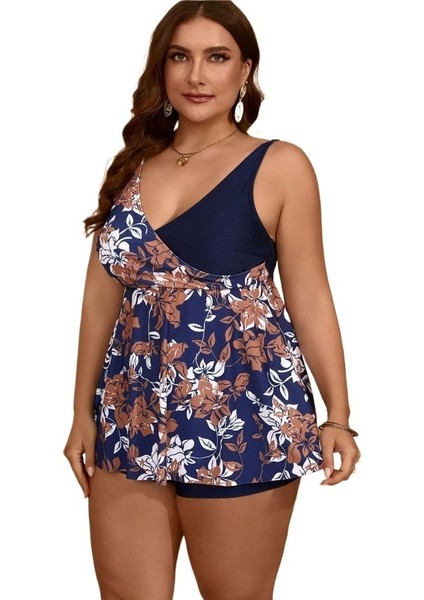 Yaz Büyük Bol Etek Tarzı Patchwork Baskı Mayo Plaj Kıyafeti Bikini Kadın Beden: 1xl Göğüs 96CM (Yurt Dışından)