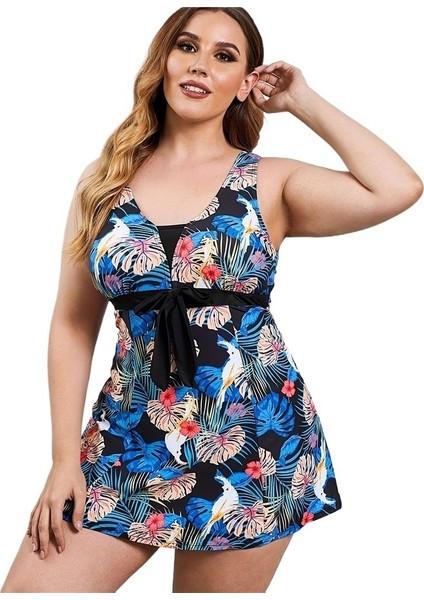 Yaz Yeni Büyük Boy Çiçek Desenli Muhafazakar Etek Bölünmüş Yüksek Bel Bikini Kadın Boyutu: 0xl Göğüs 84CM (Yurt Dışından)