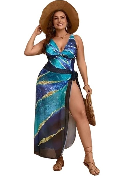 Yaz Derin V Yaka Büyük Boy Mürekkep Baskılı Iki Parçalı Tül Etek Tek Parça Bikini Mayo Beden: 4xl (Yurt Dışından)