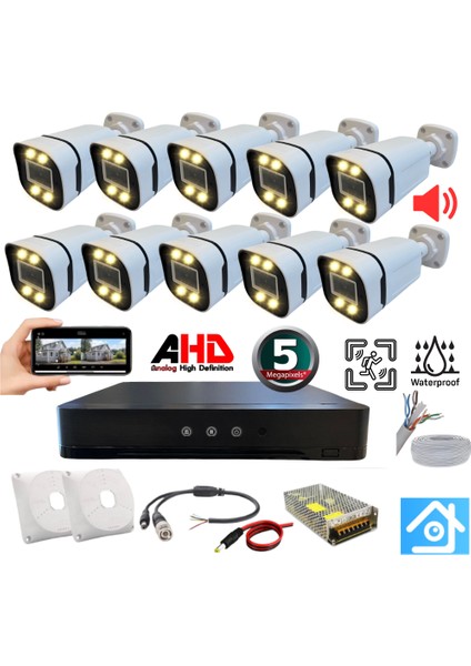 10 Kameralı 5 Mp Sesli Warm LED Waterproof 3.6 mm Lens H.265 Ahd Güvenlik Seti - ST510