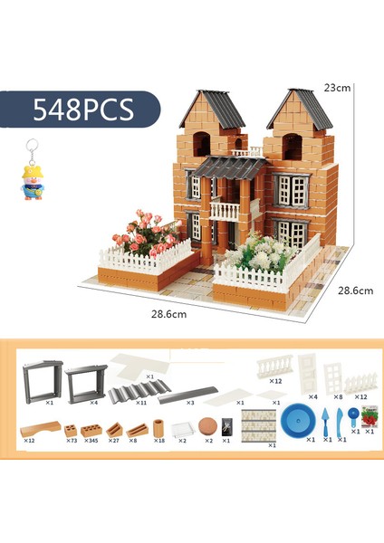 548PCS Mason Üç Boyutlu Mimari Kırmızı Mini Tuğla El Yapımı Ev Villa Model Oyuncak (Yurt Dışından)
