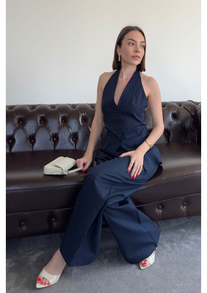 Özel Tasarım Yelekli Keten Takım- Lacivert fiyatları