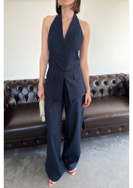 Özel Tasarım Yelekli Keten Takım- Lacivert modelleri