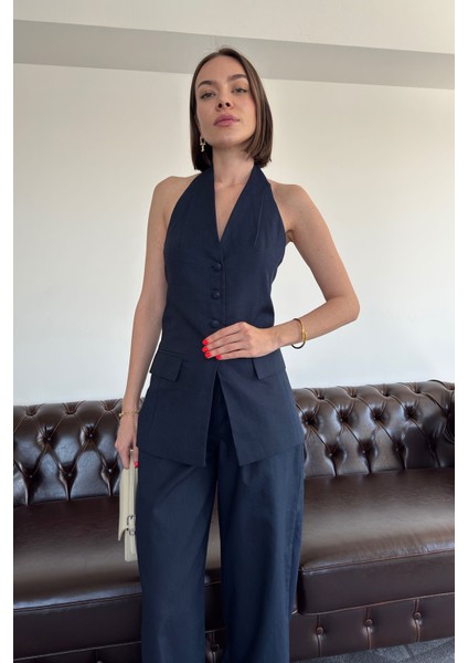 Özel Tasarım Yelekli Keten Takım- Lacivert fırsatları