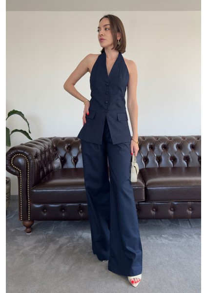 Özel Tasarım Yelekli Keten Takım- Lacivert indirimleri