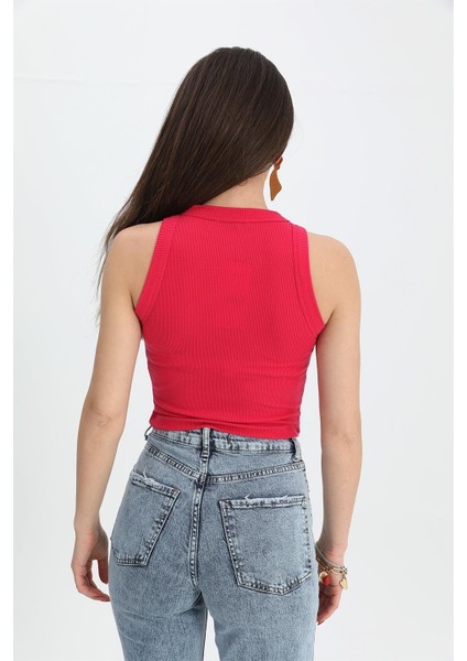 Bluz Geniş Biyeli Kolsuz Kaşkorse - Fuşya modelleri