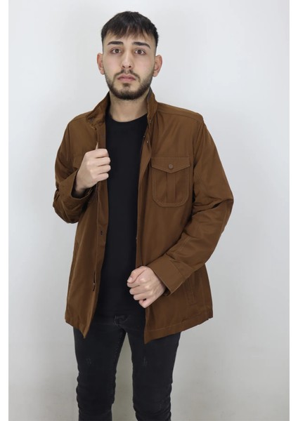 Fistan Store Erkek Hakim Yaka Normal Kalıp Fermuar ve Çıtçıtlı Yazlık Keten Mont