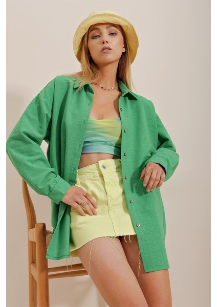 Kadın Keten Kumaş Oversize Gömlek