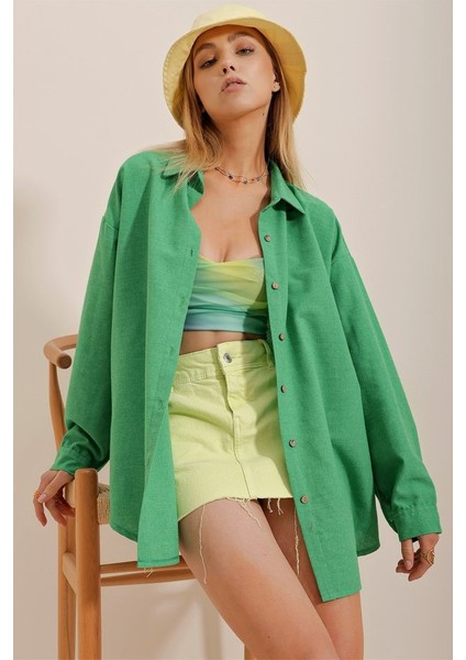 Kadın Keten Kumaş Oversize Gömlek