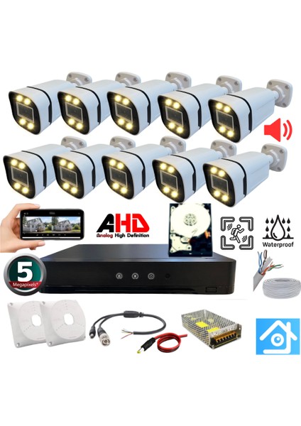 10 Kameralı 5 Mp Sesli Warm LED Waterproof 3.6 mm Lens H.265 250 GB HDD Dahil Ahd Güvenlik Seti - ST51025