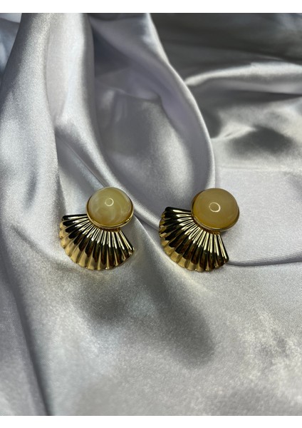 Kadın Vintage Tarz Gold Fan Detaylı Yuvarlak Küpe - Krem Taşlı modelleri