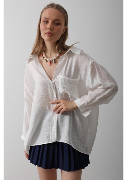 Cepli Oversize Gömlek - Beyaz