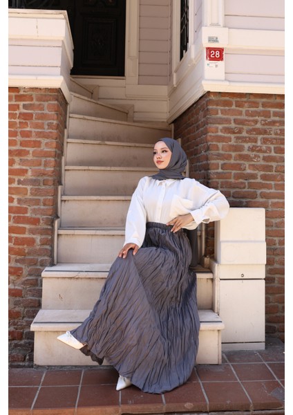 Beli Lastikli Kırışık Kraş Etek - Gri / A0101