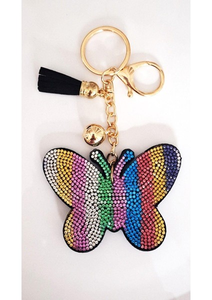 Hediyelik Zirkon Taşlı Çizgili Kelebek Anahtarlık - Çanta Süsü 14X8,5 cm Adet Fiyatı