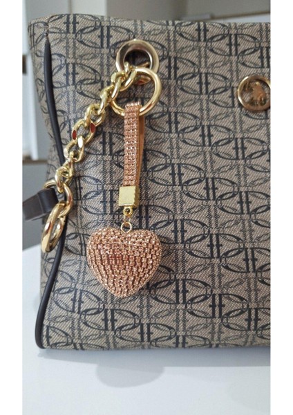 Lüks Hediyelik Zirkon Taşlı Bej Renk Kalp Anahtarlık 13,5 cm