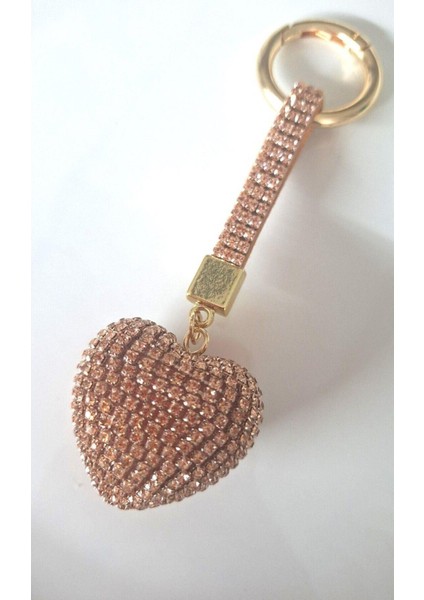 Lüks Hediyelik Zirkon Taşlı Bej Renk Kalp Anahtarlık 13,5 cm