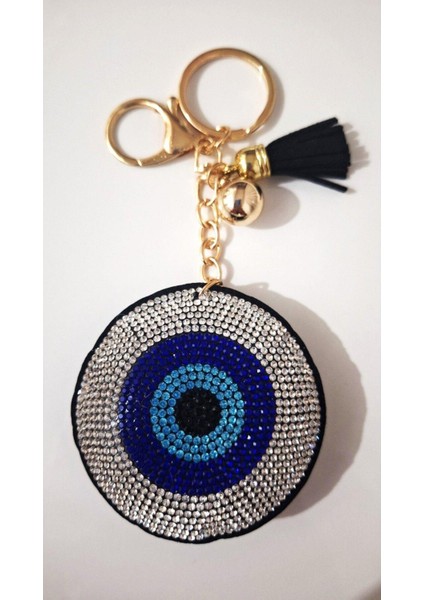 Taşlı Nazar Boncuklu Anahtarlık - Siyah - Boyu 14,5 cm Çapı 6,5 cm