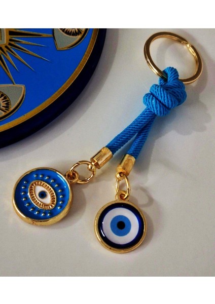 Hediyelik Çift Nazar Boncuklu Anahtarlık - Mavi (10,5 Cm)