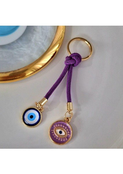 Hediyelik Çift Nazar Boncuklu Anahtarlık - Mor (10,5 Cm)