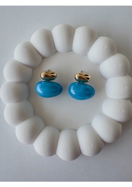 Gold Detaylı Mavi Oval Küpe