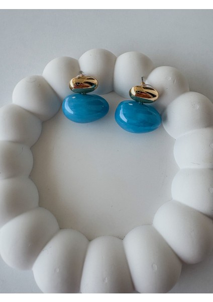 Gold Detaylı Mavi Oval Küpe