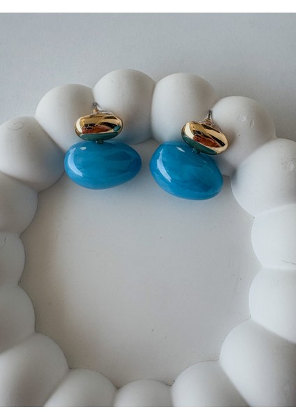 Gold Detaylı Mavi Oval Küpe