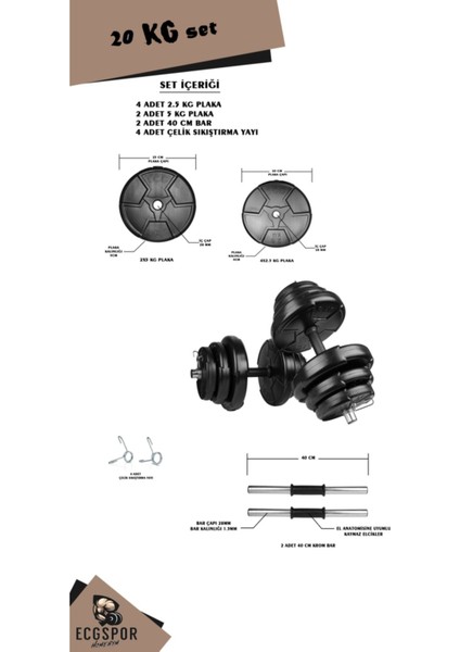 Ecgspor Hero Serisi 20 kg Dambıl Seti ve Ağırlık Seti Vücut Geliştirme Aleti fiyatları