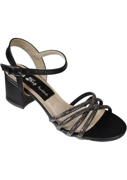 Yazkış Kadın Siyah Beyaz Gümüş Üzeri Çapraz Bantlı Taşlı Bilekten Bağlamalı 5cm Kalın Topuk Abiye Ay