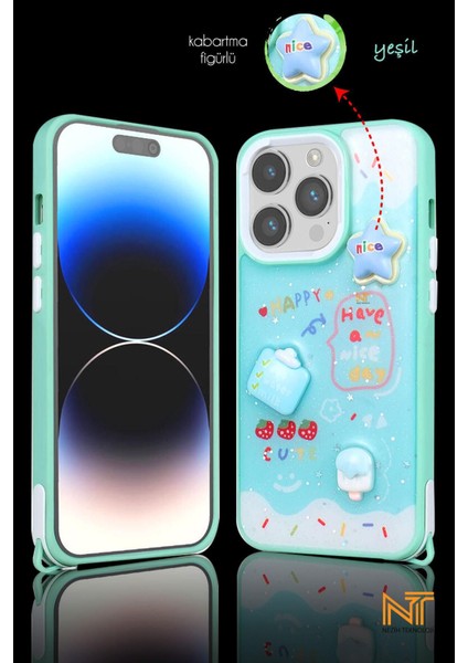Apple iPhone 15 Pro Max Uyumlu Kabartmalı Figürlü Trend Simli Şık Kapak Kılıf