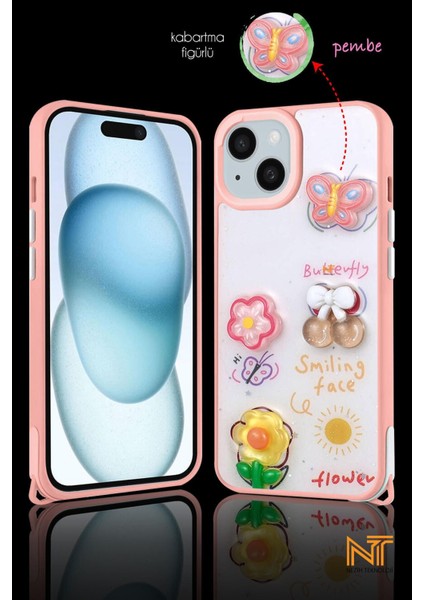 Apple Iphone 15 Uyumlu Kabartmalı Figürlü Trend Simli Şık Kapak Kılıf