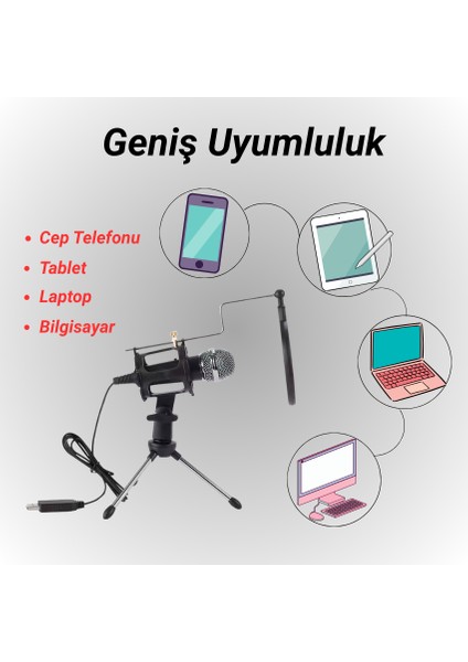 Karaoke Cep Telefonu Bilgisayar Uyumlu Tripodlu Kondenser Youtuber Kayıt Mikrofonu
