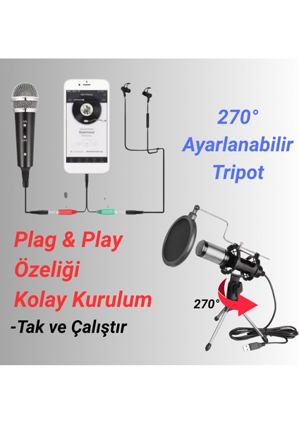 Karaoke Cep Telefonu Bilgisayar Uyumlu Tripodlu Kondenser Youtuber Kayıt Mikrofonu