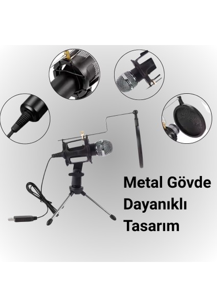 Karaoke Cep Telefonu Bilgisayar Uyumlu Tripodlu Kondenser Youtuber Kayıt Mikrofonu
