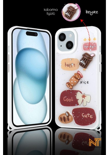Apple Iphone 14 Uyumlu Kabartmalı Figürlü Trend Simli Şık Kapak Kılıf