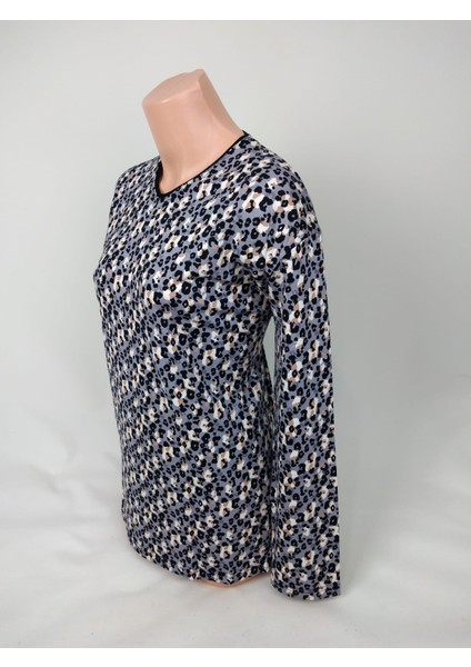 Kadın Siyah Gri Beyaz U Yaka Uzun Kollu Desenli Yırtmaçlı Dokuma Viskon Anne Penye Tişört fiyatları