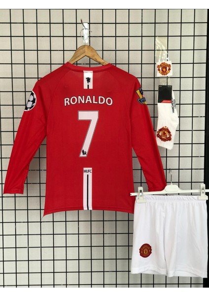 M.unitedd Moskova 2008 Sezonu Cristiano Ronaldo Uzun Kol Çocuk Forması 4'lü Set (Armalı)
