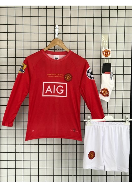 M.unitedd Moskova 2008 Sezonu Cristiano Ronaldo Uzun Kol Çocuk Forması 4'lü Set (Armalı)