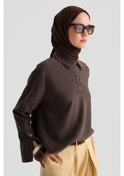 Polo Yaka Tensel Bluz 25Y3736 Kahverengi modelleri